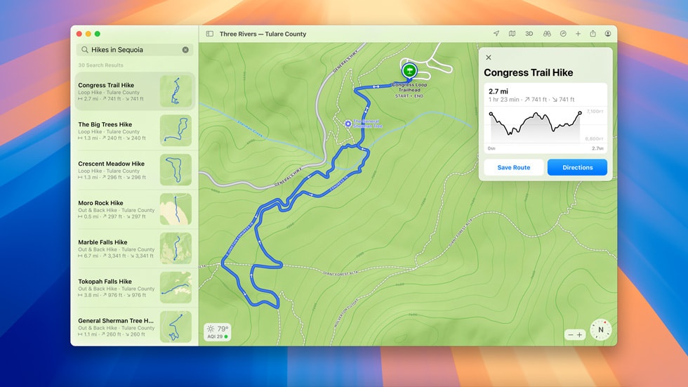 一位用户的 MacBook Pro 桌面顯示「地圖」app 中 Congress Trail 的健行路線。