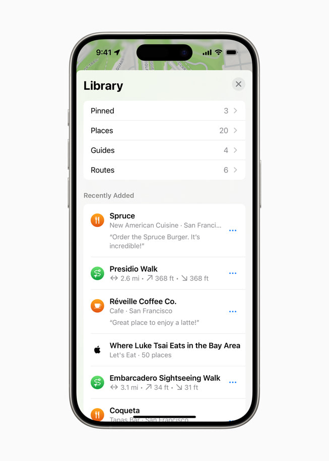 Di iPhone 15 Pro, Peta Apple menampilkan Perpustakaan Tempat milik pengguna.