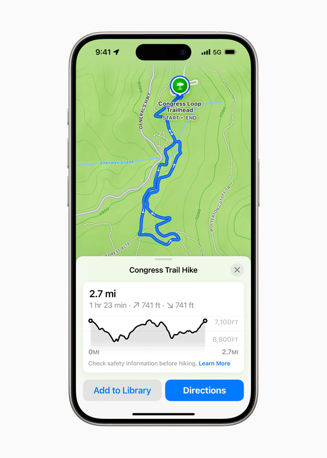 Kart-appen på iPhone 15 Pro viser Congress Trail Hike-ruten.