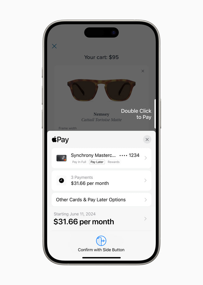 Hình ảnh tính năng điểm thưởng mới trong Apple Pay trên iPhone 15 Pro. 