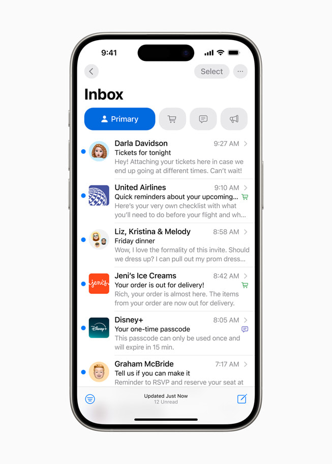 Hình ảnh hộp thư đến Priority mới trong iCloud Mail trên iPhone 15 Pro. 