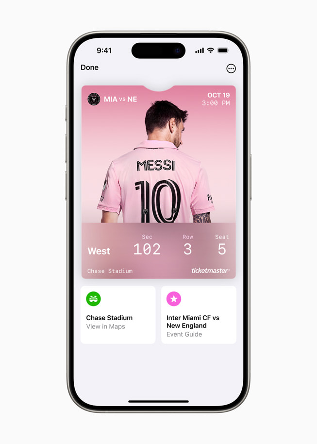 En billett til en MLS-kamp som viser et bilde av Lionel Messi, informasjon om sete, en lenke til Chase Stadium-siden i Kart-appen og en guide til arrangementet.
