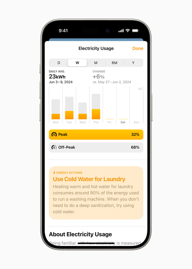 Přehled spotřeby elektřiny v aplikaci Domácnost zobrazený na iPhonu 15 Pro
