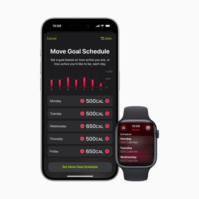Um iPhone 15 Pro e um Apple Watch Series 9 mostram um menu onde os usuários podem definir suas metas de Movimento.