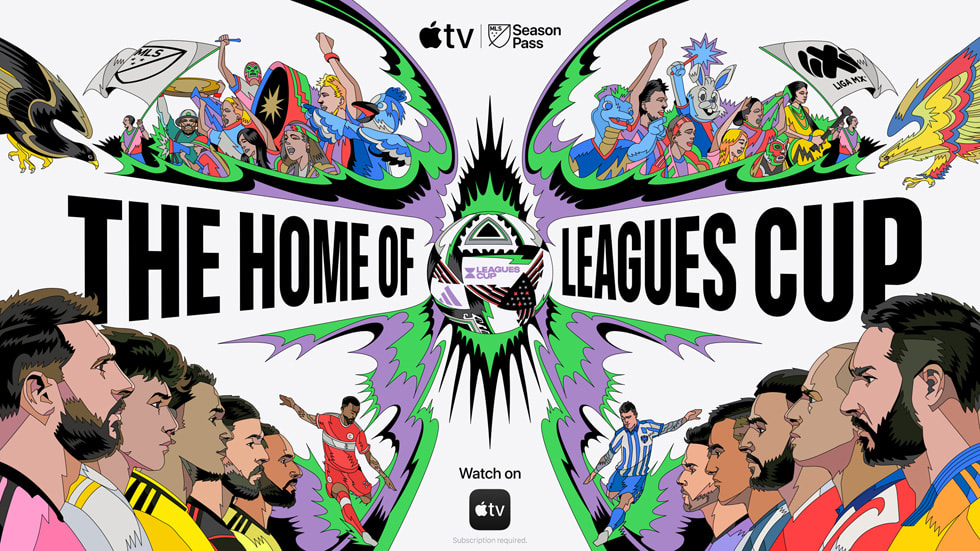 Een illustratie met MLS-fans en -spelers aan de ene kant, Liga MX-fans en -spelers aan de andere kant, en in het midden de tekst ‘The Home of Leagues Cup’.