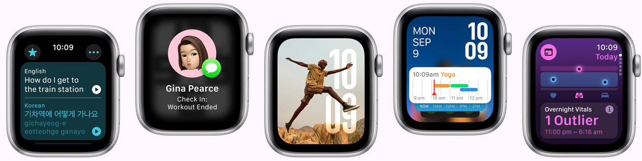 Five Apple Watch devices showing screens including Translate app, Check In app, Photos face, Modular watch face and Vitals app