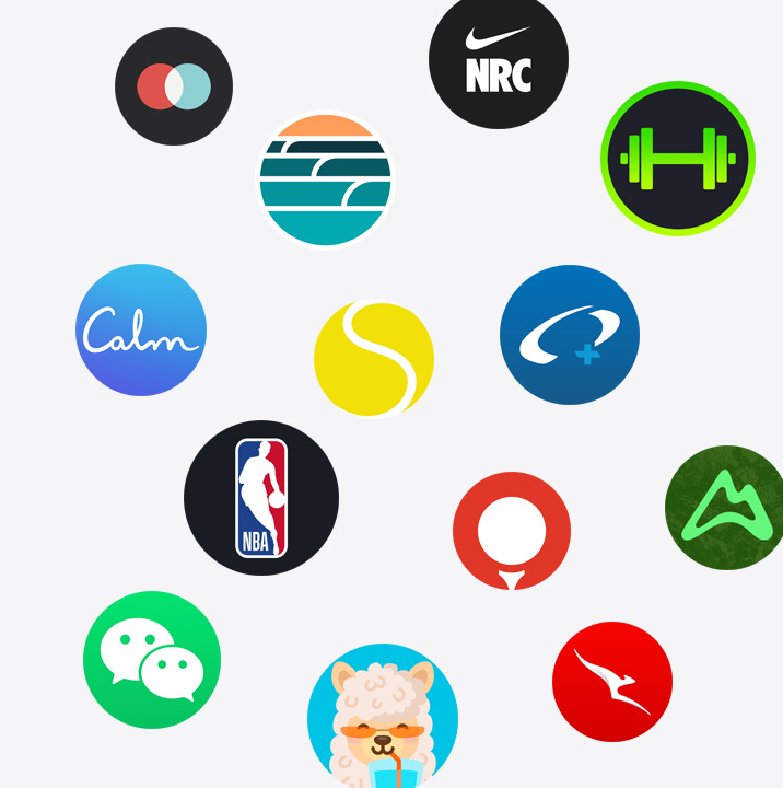 The icons of Apple Watch apps from the App Store. ChargePoint, Yelp, Nike Run Club, SmartGym, Calm, NBA, SwingVision, Oceanic , WeChat, Waterllama, Golfshot, JetBlue, and AllTrails.