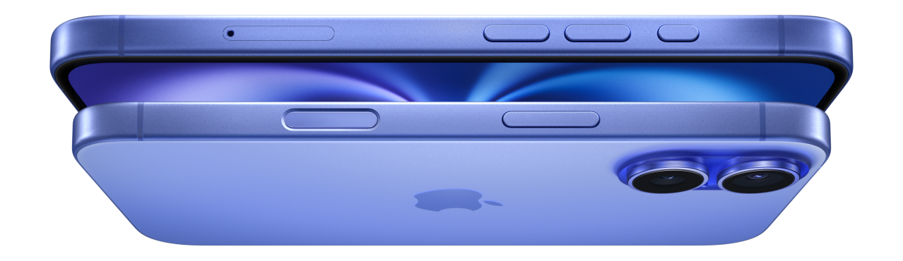 Animation of iPhone 16 models in Pink, Teal, and Ultramarine, ending with two iPhone 16 models in Ultramarine, side exterior, side button, raised dual camera system.