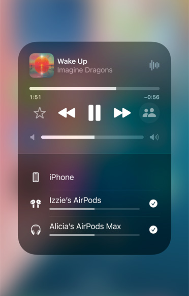 Screenshot of a song on Apple Music playing on two different sets of AirPods.