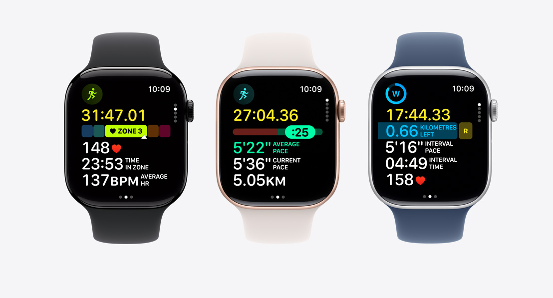 Three Apple Watch Series 9. The first shows Heart Rate Zones in a workout, the second shows Pacer and the third shows a custom workout with intervals.