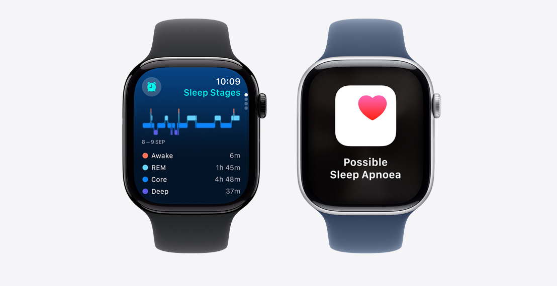 Two Apple Watch Series 9. The first shows a notification that someone hit their sleep goal. The second shows Sleep Stages data.