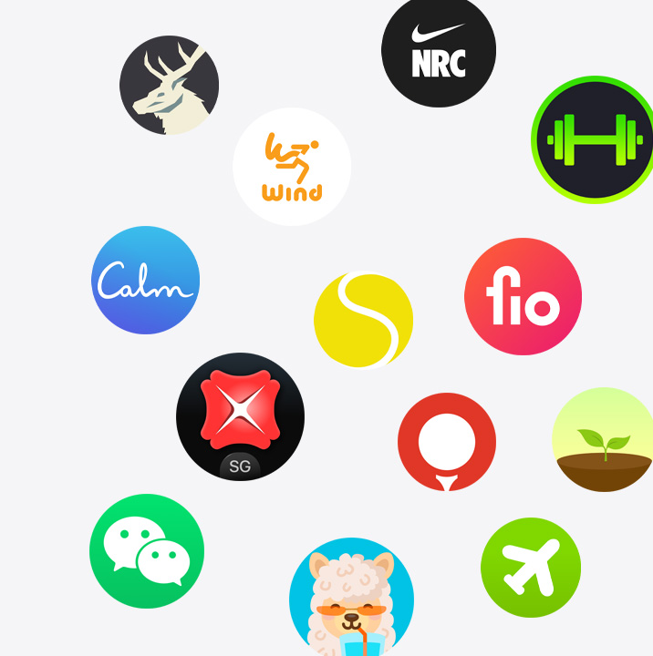 The icons of Apple Watch apps from the App Store. ChargePoint, Yelp, Nike Run Club, SmartGym, Calm, NBA, SwingVision, Oceanic , WeChat, Waterllama, Golfshot, JetBlue and AllTrails.