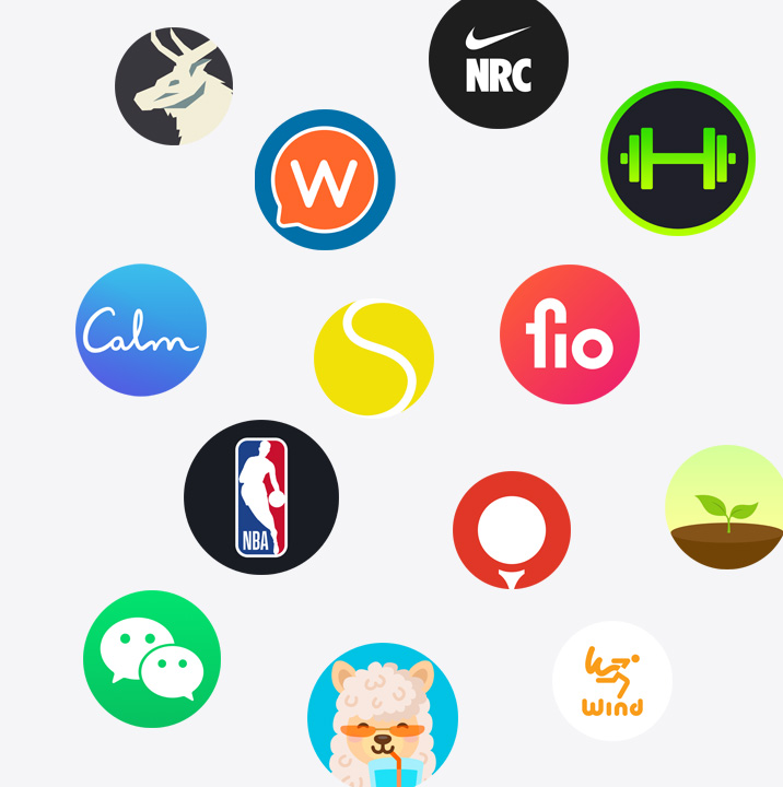 ไอคอนของแอป Apple Watch จาก App Store ChargePoint, Yelp, Nike Run Club, SmartGym, Calm, NBA, SwingVision, Oceanic , WeChat, Waterllama, Golfshot, JetBlue และ AllTrails