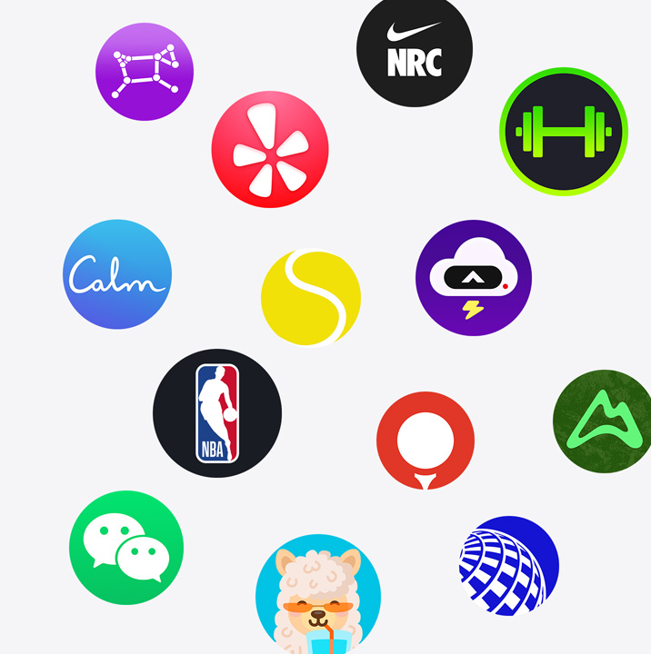 App Store’daki Apple Watch uygulamalarının simgeleri. ChargePoint, Yelp, Nike Run Club, SmartGym, Calm, NBA, SwingVision, Oceanic , WeChat, Waterllama, Golfshot, JetBlue ve AllTrails.