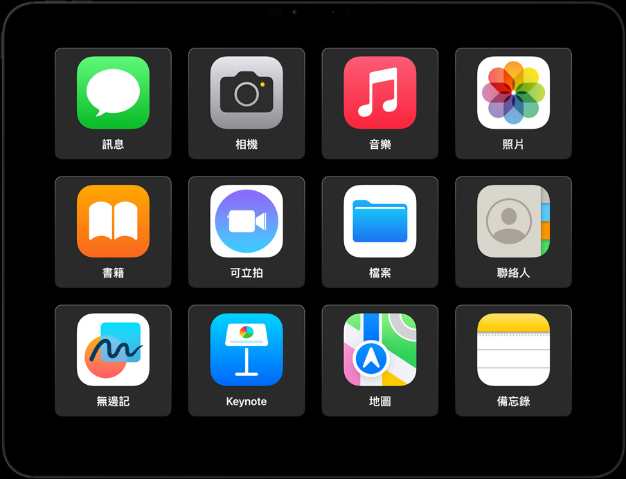 橫向放置的 iPad Pro，使用者正在進行 FaceTime 通話，螢幕上有一個打字框，可讓使用者透過輸入來說話。