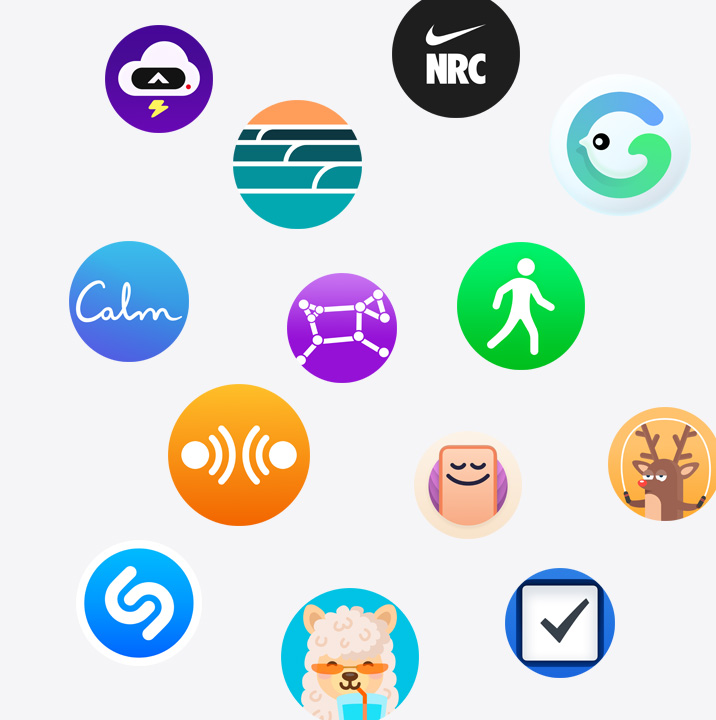 多款來自 App Store 的 Apple Watch app 圖像。包括 ChargePoint、Yelp、Nike Run Club、SmartGym、Calm、NBA、YaoYao - 跳繩等 app、Oceanic 、微信、Waterllama、Golfshot、JetBlue 與 AllTrails。