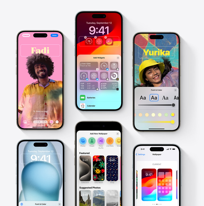 Сітка із шести моделей iPhone із цікавими функціями персоналізації, як-от налаштування замкненого екрана та плакат контакту.