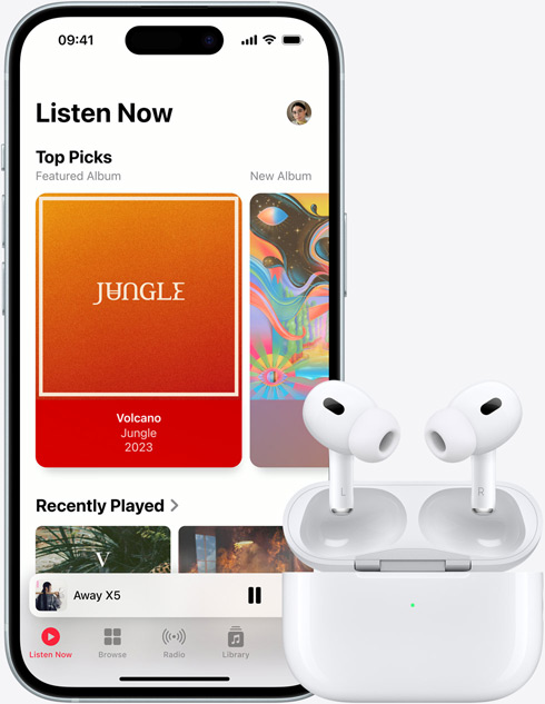 An image of iPhone 15 playing a track through Apple Music, sits next to a pair of AirPods.