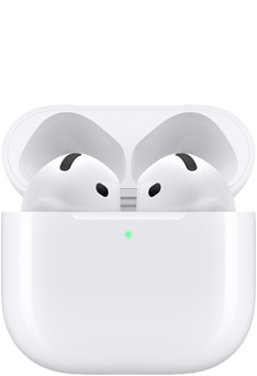 AirPods 4 ‑kuulokkeet latauskotelossa, jonka kansi on auki.