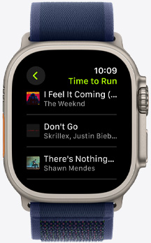 Apple Watch Display mit einer Apple Music Playlist von einem Fitness  „Zeit fürs Laufen“ Workout