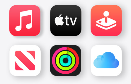 Apple Music, Apple TV, Apple Arcade, Apple News, Apple Fitness  and iCloud app icons