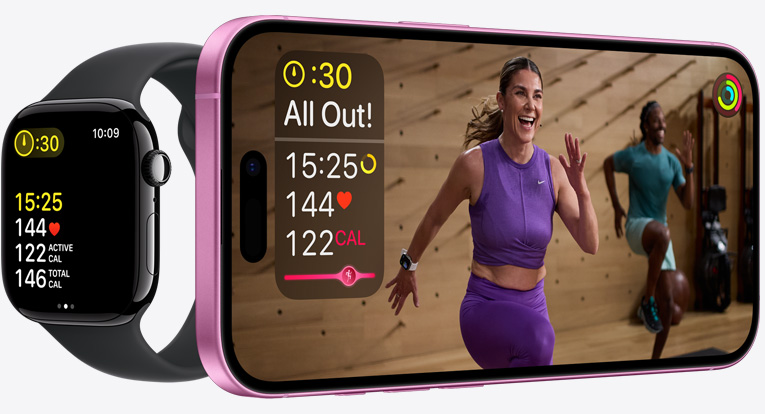 Fitness  workout with synced metrics on iPhone and Apple Watch