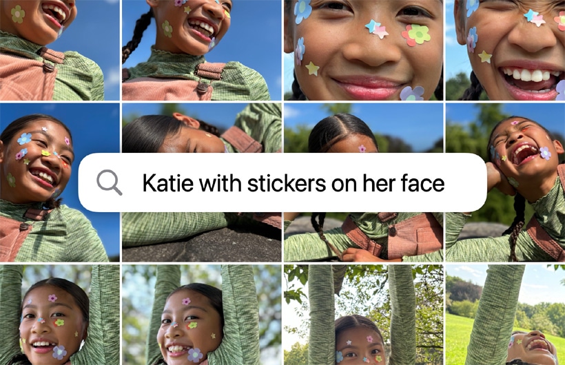 A grid of photos based on the search prompt “Katie with stickers on her face”