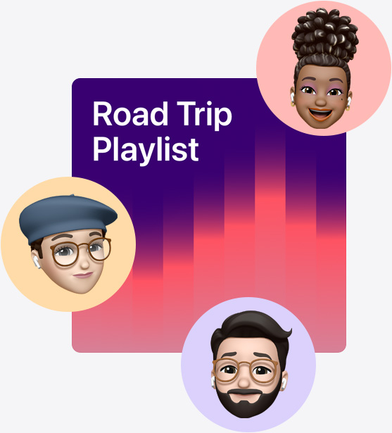 Titulní grafika společného playlistu s názvem Road Trip Playlist. Po jeho obvodu je několik Memoji.