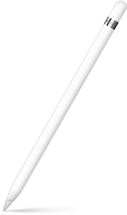 Apple Pencil 1e generatie rechtop in een hoek met de punt naar beneden. Aan de bovenkant zit een zilverkleurige ring met de naam van het product erop. Onderaan wordt een schaduw weergegeven.