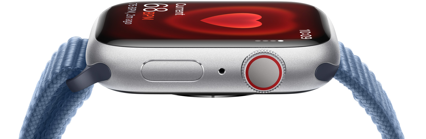 A side view of an Apple Watch demonstrating someone's heart rate.