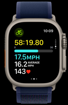 Ecrã do Apple Watch Ultra 2 a mostrar a velocidade de uma pessoa a andar de bicicleta.