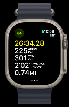 Apple Watch Ultra 2 a mostrar um treino em águas abertas, com dados de tempo, calorias e ritmo.