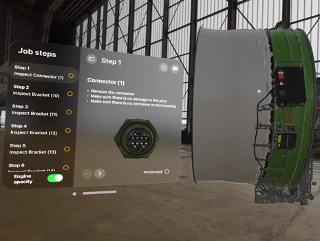 Spatial training of aeroplane mechanics, as seen through Apple Vision Pro. It takes place in an aeroplane hanger.