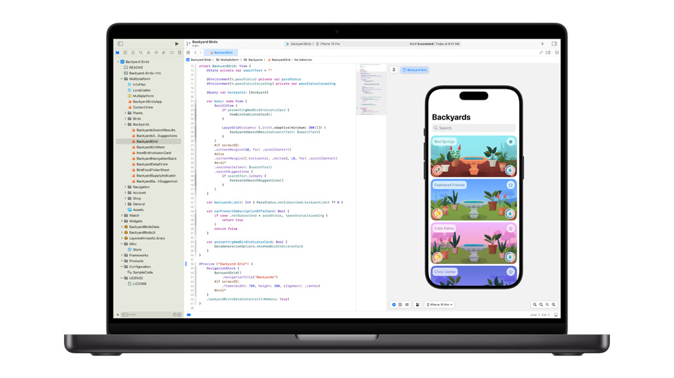 Egy nyitott Mac. Képernyőjén a Swift nevű Apple kódszerkesztő app.