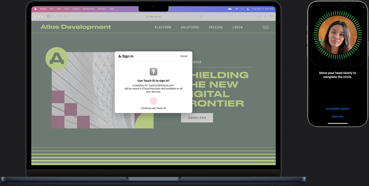 Egy Macen és iPhone-on különböző Touch ID-elemek a biztonságos bejelentkezéshez.