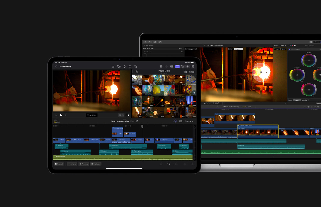 Footage of glassblowing shown on side-by-side iPad Pro and Mac.  Apple Pencil with the title screen for a film in Final Cut Pro for iPad next to MacBook Pro with the same film being edited in Final Cut Pro.