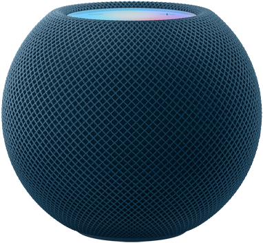 En HomePod mini i blå under fargerike piksler i bevegelse som former ordet «mini».