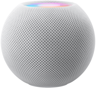 En HomePod mini i hvit under fargerike piksler i bevegelse som former ordet «mini».