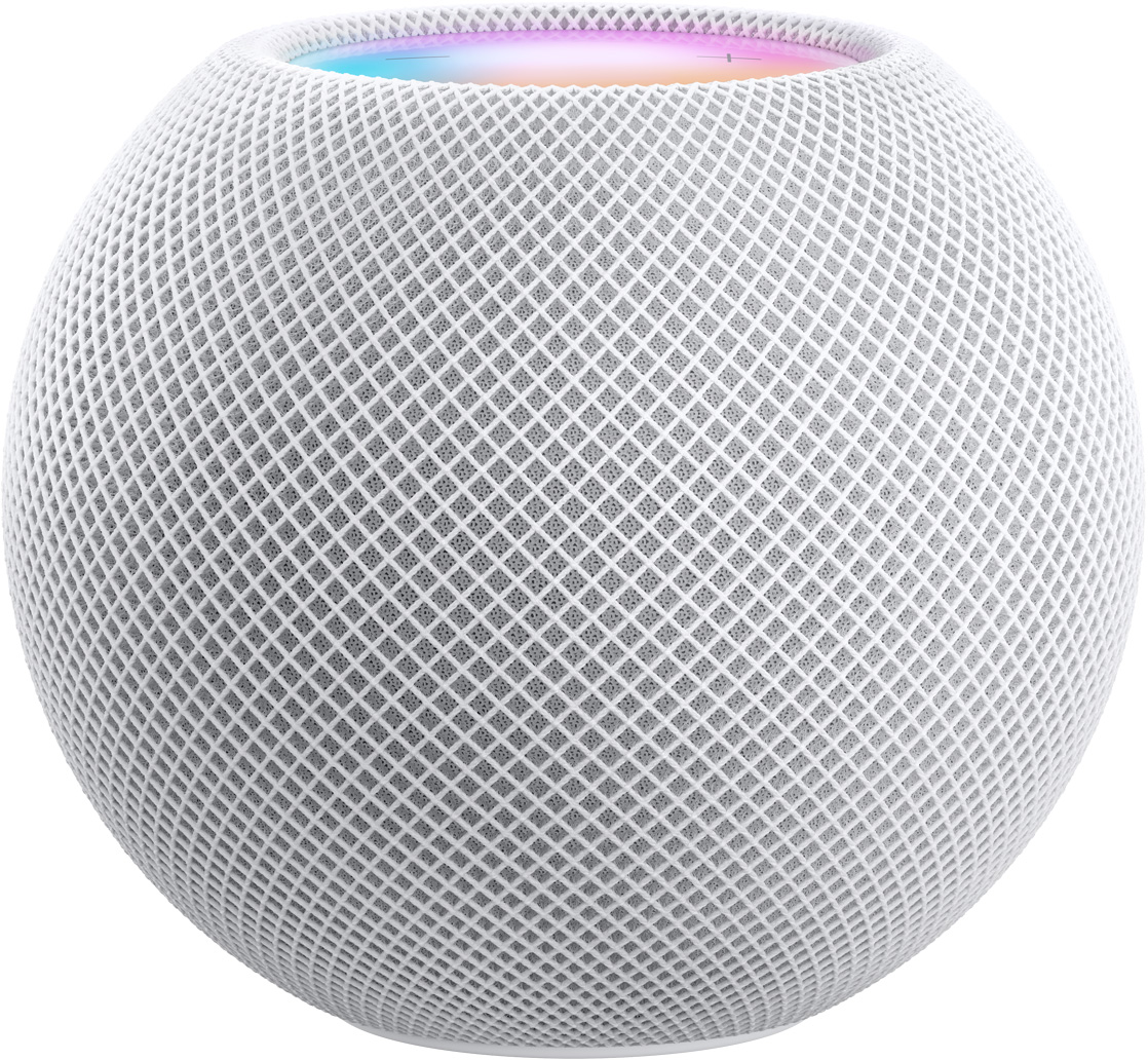 HomePod mini i hvit med fargerik topp så vidt synlig over kanten.