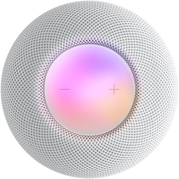 Vista desde arriba de un HomePod mini blanco con controles para subir y bajar el volumen en una pantalla colorida.