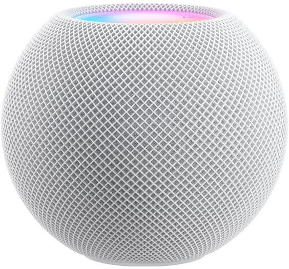 HomePod mini i hvit med fargerik topp så vidt synlig over kanten.