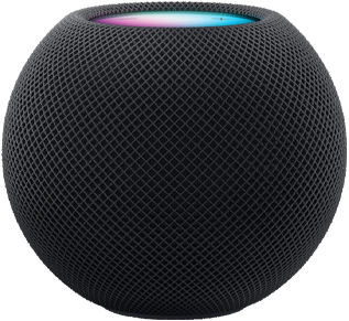 午夜色 HomePod mini，上方顯示繽紛多彩像素動畫，拼寫成「mini」字樣。