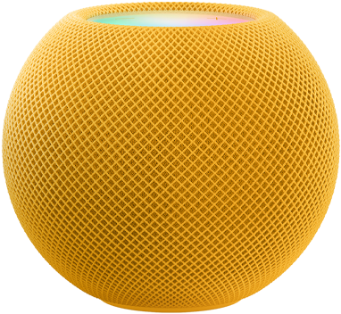 Le mot « mini » est inscrit en lettres pixelisées, animées et colorées au-dessus d’un HomePod mini jaune.