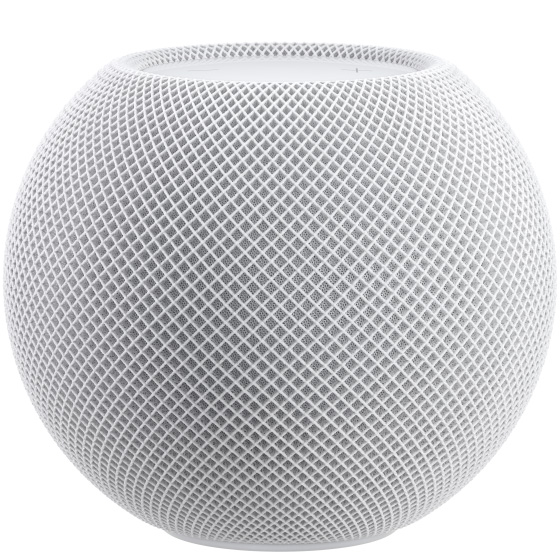 白色 HomePod mini 的側面圖。