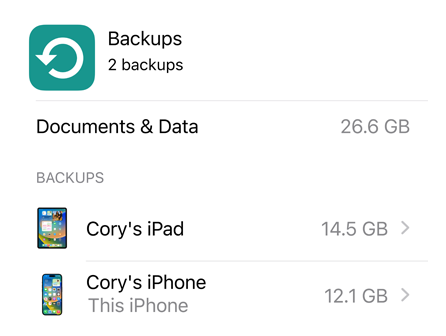 Ecrã de utilização de dados na cópia de segurança em iCloud