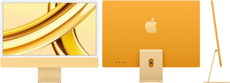 Prednji, stražnji i bočni prikaz iMaca žute boje