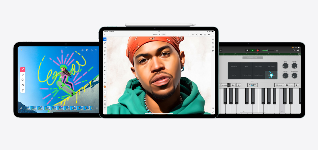 Pohľad na dva iPady a iPad Air s otvorenými apkami FlipaClip, Adobe Fresco a GarageBand.