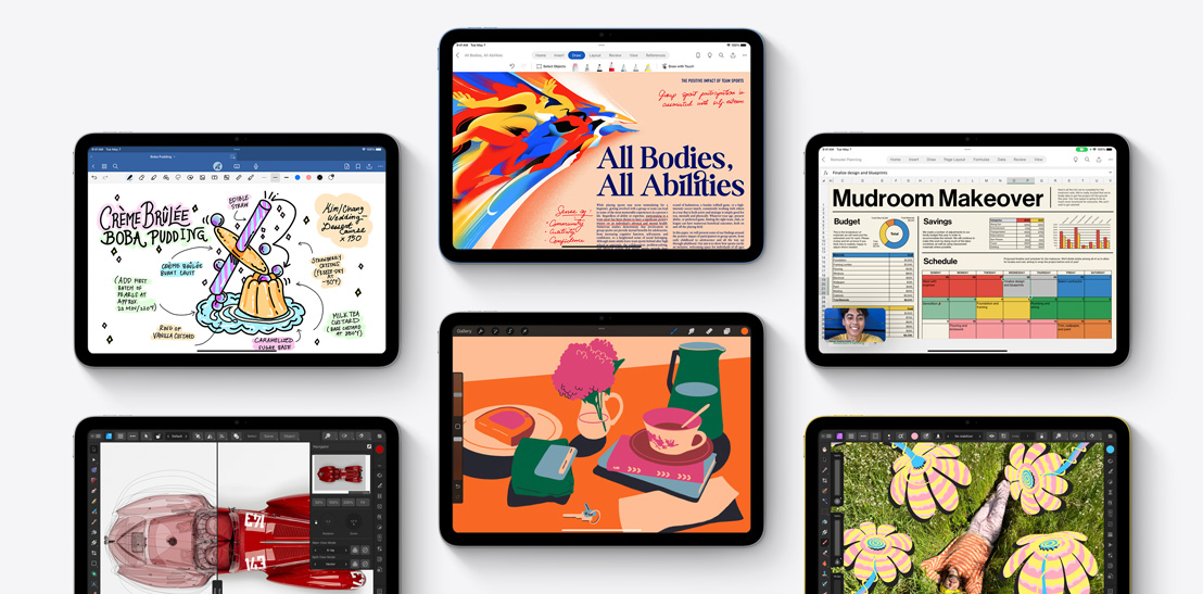 Skupina šiestich rôznych iPadov s rôznymi aplikáciami vrátane týchto: Goodnotes 6, Affinity Designer 2, Microsoft Word, Procreate, Microsoft Excel a Affinity Photo 2.