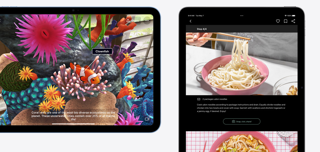 iPad i iPad Air na kojima se prikazuju aplikacije Jigspace i Kitchen Stories.