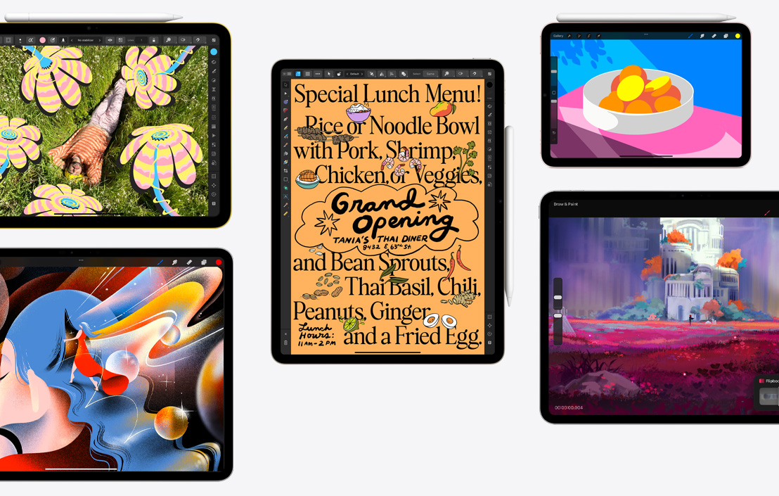 Viie erineva iPadi kollektsioon, millel on näha erinevad rakendused, kaada arvatud Affinity Photo 2, Procreate, Affinity Designer 2 ja Procreate Dreams.